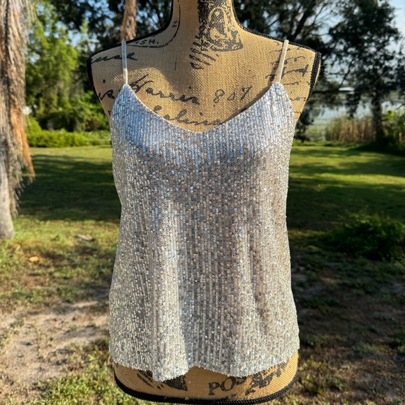 BB Dakota Silver Champagne Sequin Spaghetti Strap Top Size Medium - Picture 10 of 12